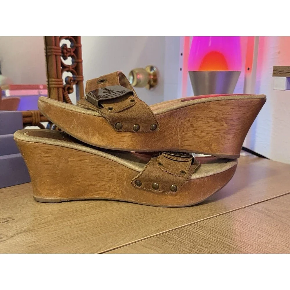 Dr Scholl’s The Original Big Buc Wooden Wedge Heel Vintage Tan Leather Size 9